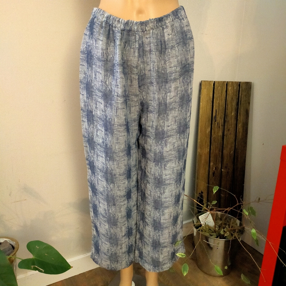 Chalet et ceci Light Jacquard Navy Blue Gray Linen Cropped Trouser Pants